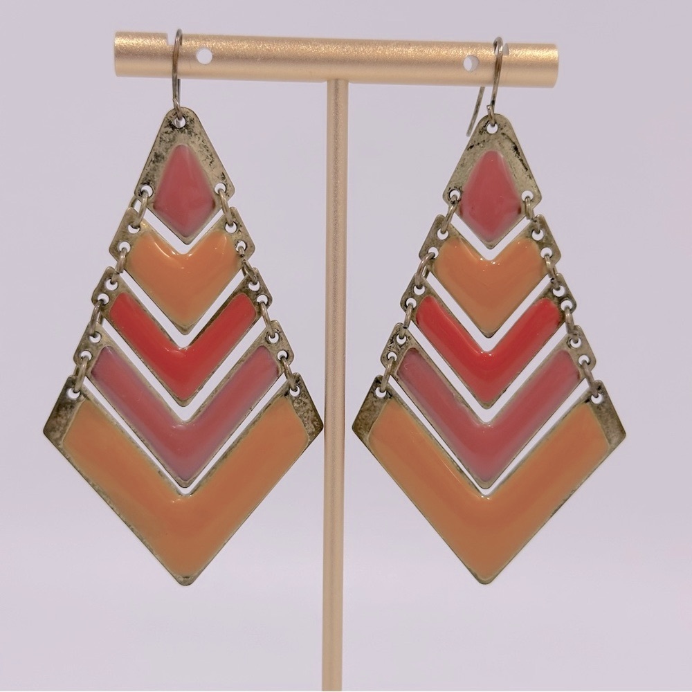 Vintage Enamel Geometric Chevron Dangle Earrings Red Pink Orange